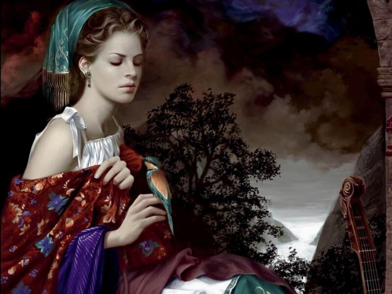 woman with bird in landscape
