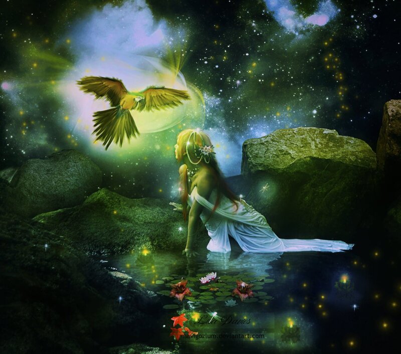Woman with Bird in Pond