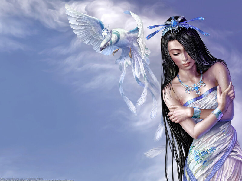 Woman with Bird in Sky — Blue, Serene
