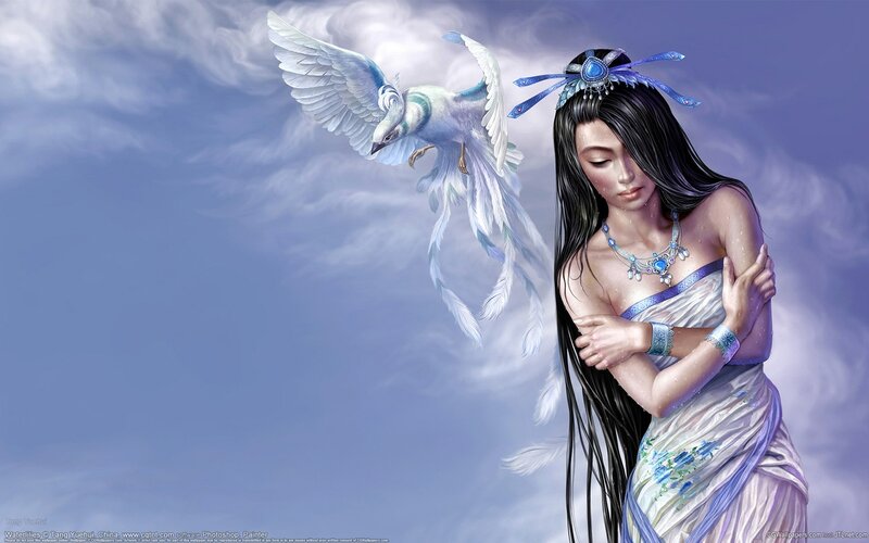 Woman with Bird in Sky — Blue