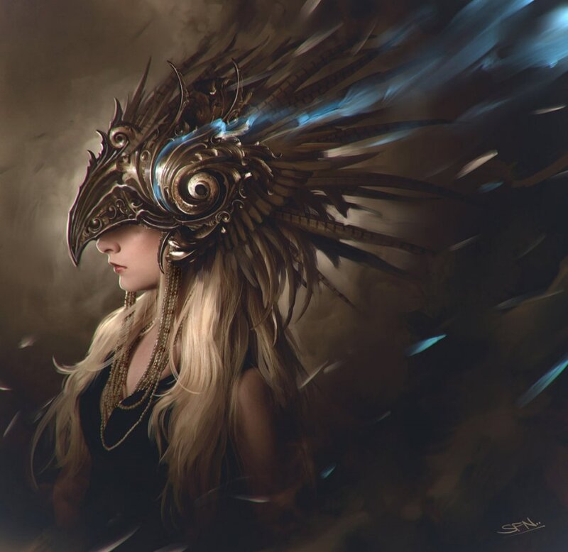 Woman with Bird Mask — Brown, Dramatic