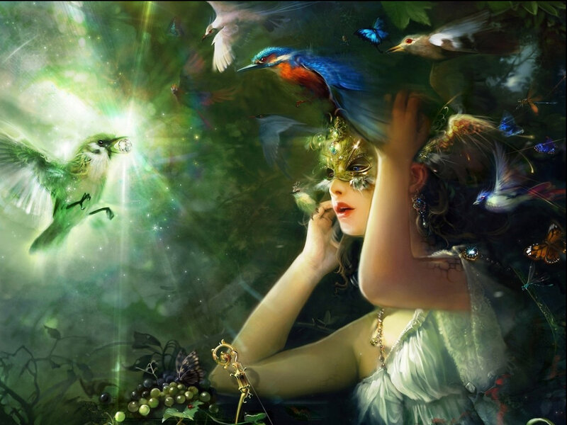 Woman with Bird Mask — Green, Fantastical, Digital Art, Birds