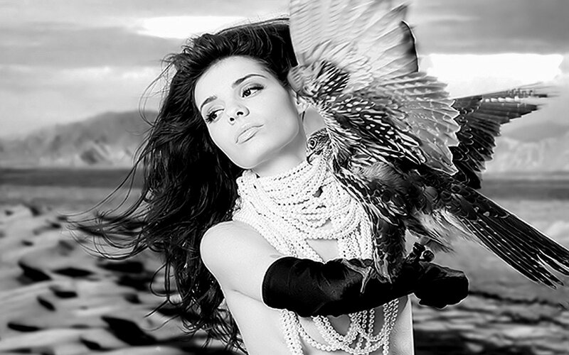 Woman with Bird on Arm — Black, Dramatic