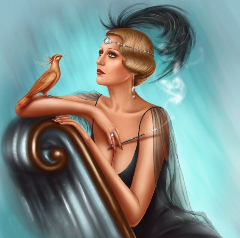 Woman with Bird on Arm — Blue, Dramatic