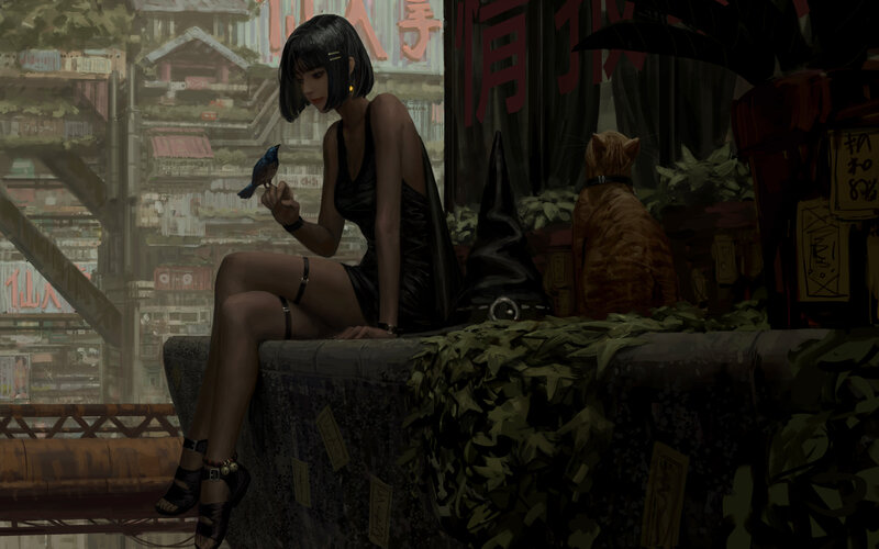 Woman with Bird on Hand — Black, Dramatic