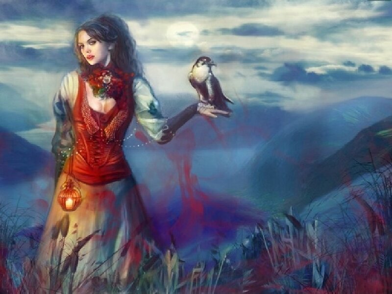 Woman with Bird on Hand — Blue, Dramatic