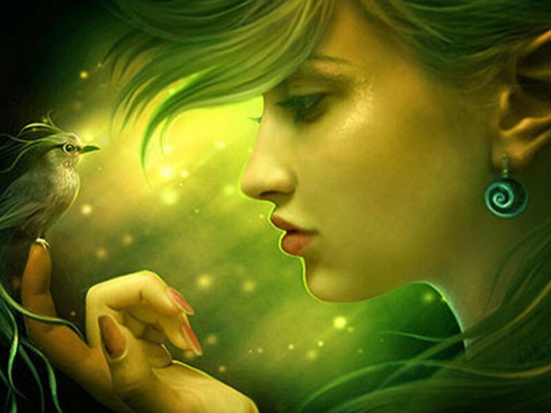Woman with Bird on Hand — Green, Serene, Digital Art, Earring, Sparkles