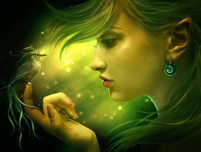 Woman with Bird on Hand — Green, Serene, Digital Art, Earring
