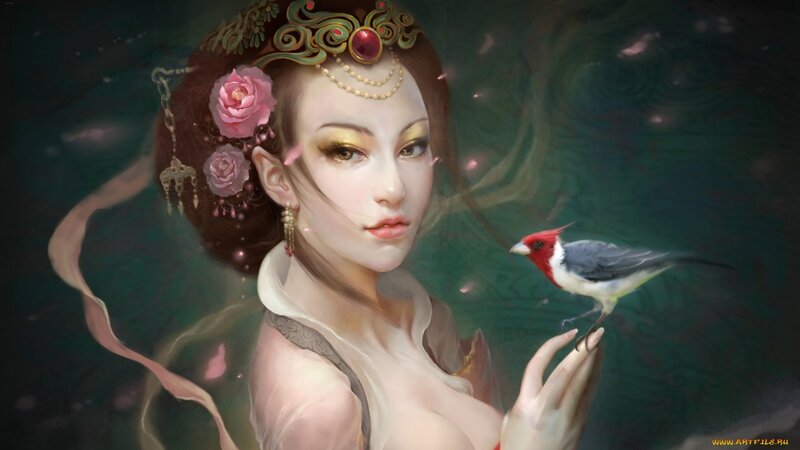 Woman with Bird on Hand — Green, Serene, Digital Art, Flower