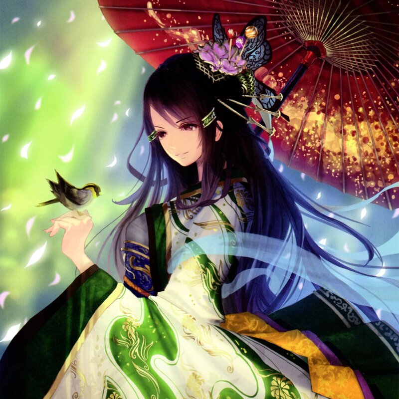 Woman with Bird on Hand — Green, Serene, Digital Art, Umbrella