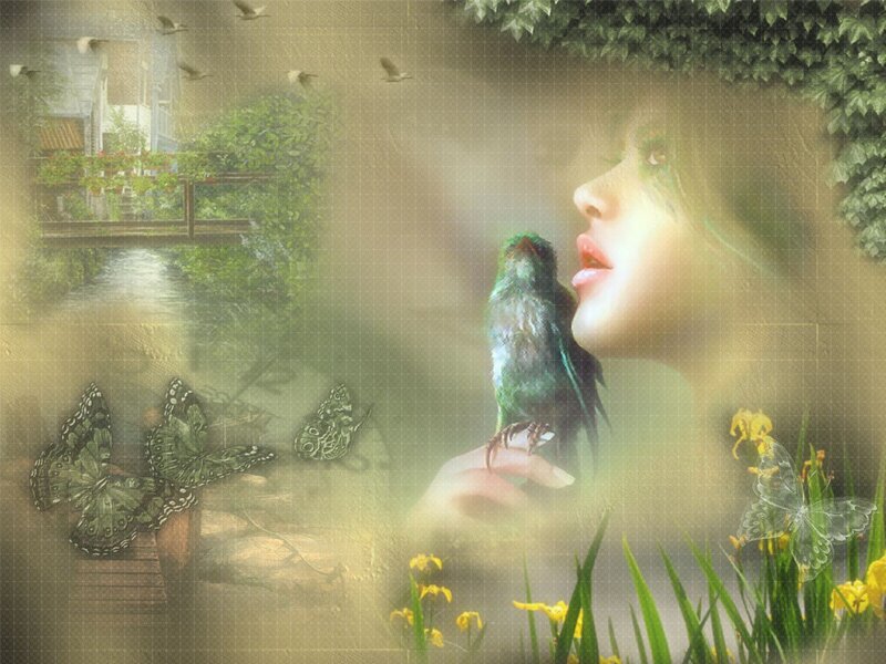 Woman with Bird on Hand — Green, Serene, Morning