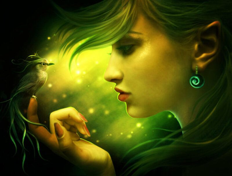 Woman with Bird on Hand — Green, Serene