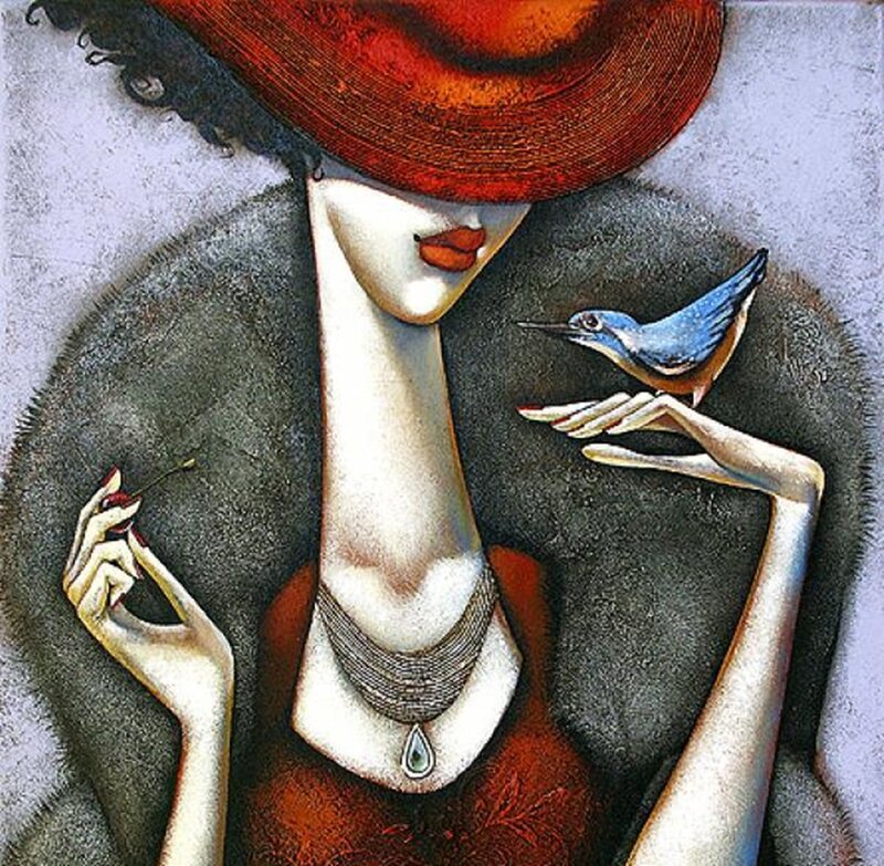 Woman with Bird on Hand — Red, Calm