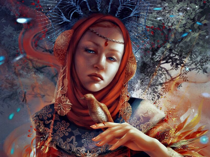 Woman with Bird on Hand — Red, Dramatic