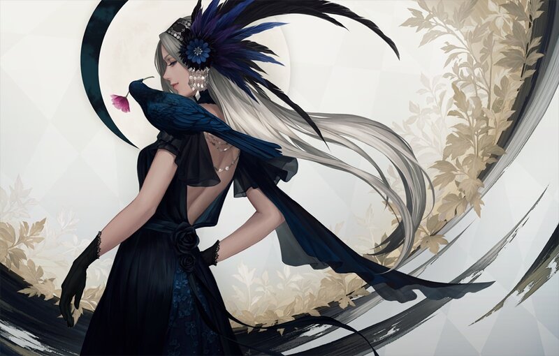 Woman with Bird on Shoulder — Black, Dramatic, Night, Digital Art