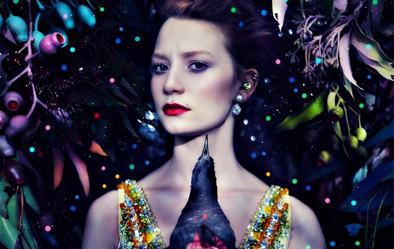 Woman with Bird on Shoulder — Black, Dramatic, Night