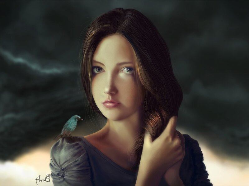 Woman with Bird on Shoulder — Brown, Dramatic, Digital Art