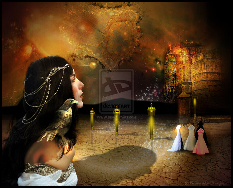 Woman with Bird on Shoulder — Brown, Dramatic, Night