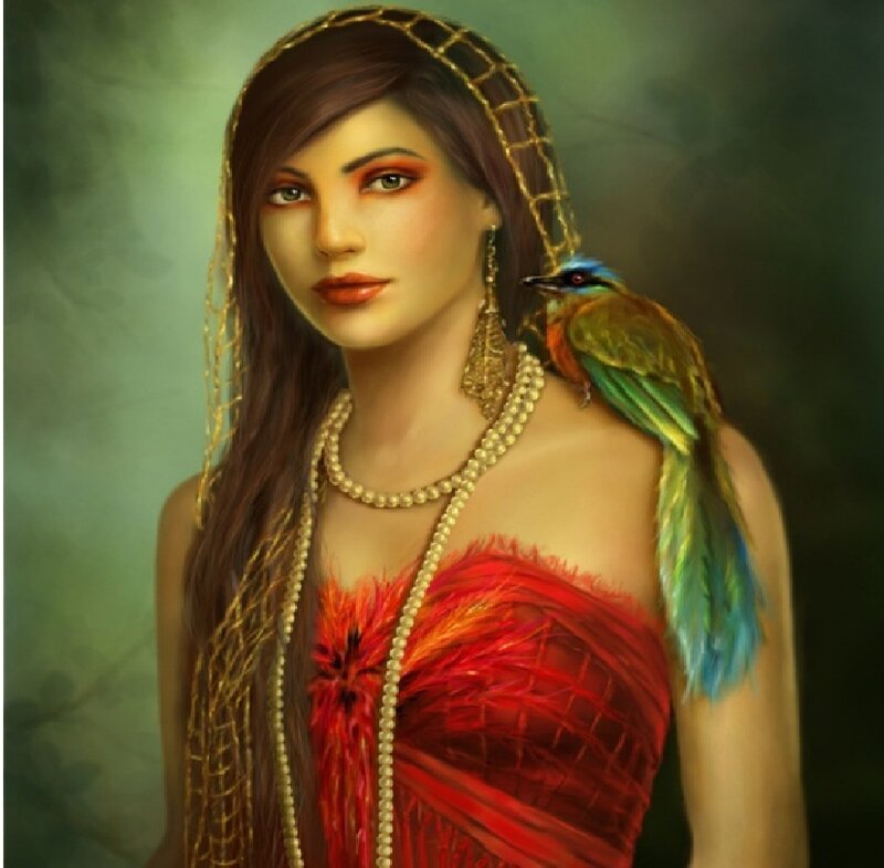 Woman with Bird on Shoulder — Red