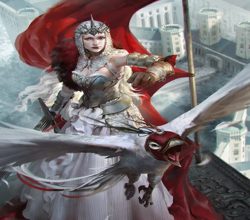 Woman with Bird on Shoulder — White, Dramatic, Digital Art
