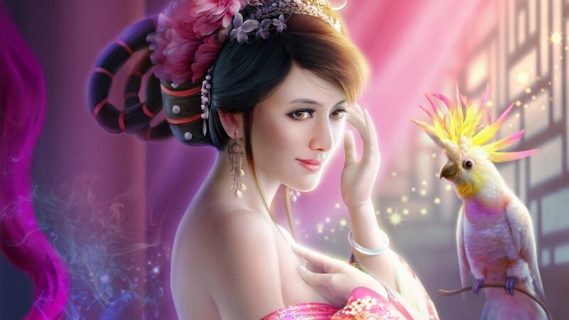 Woman with Bird — Pink, Serene, Digital Art, Flowers