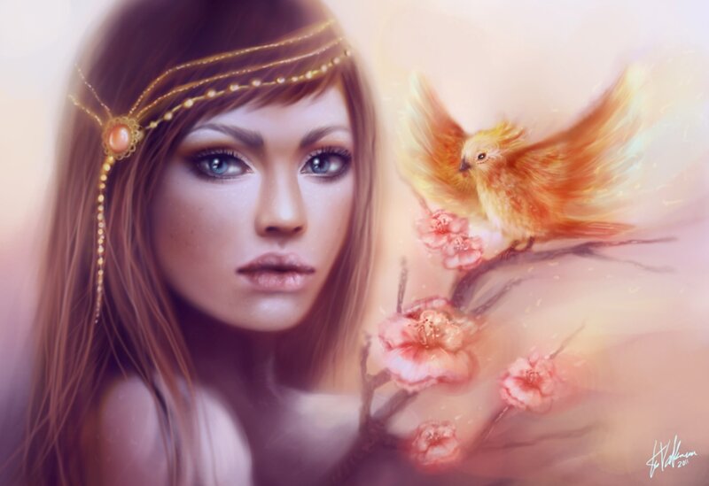 Woman with Bird — Pink, Serene, Spring