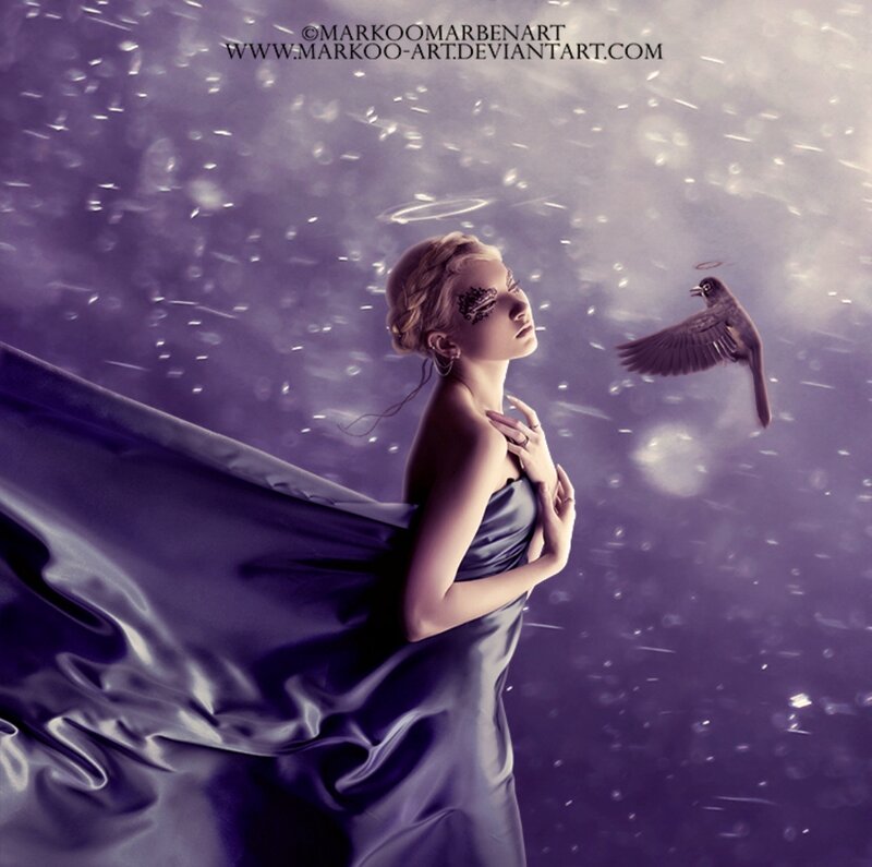 Woman with Bird — Purple, Dramatic, Digital Art