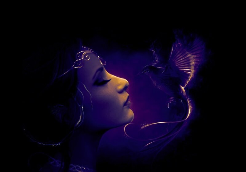 Woman with Bird — Purple, Dramatic, Night