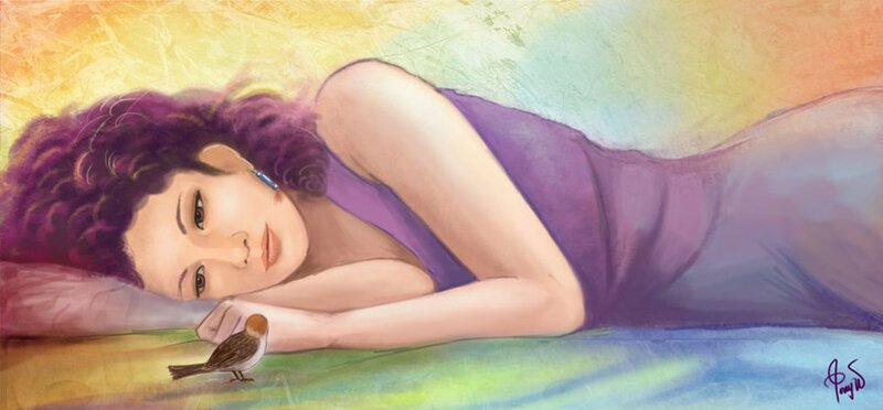 Woman with Bird — Purple, Serene