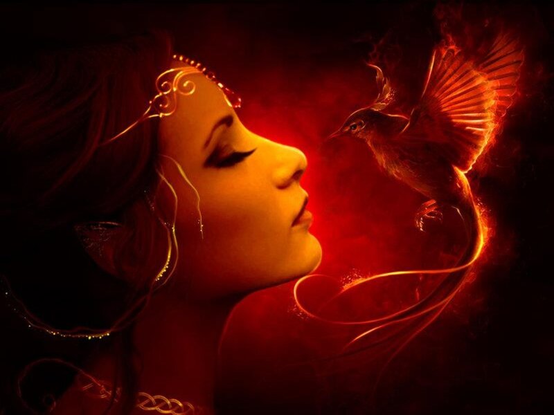 Woman with Bird — Red, Dramatic, Digital Art