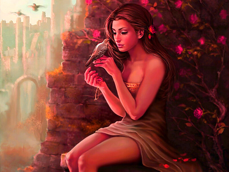 Woman with Bird — Red, Serene