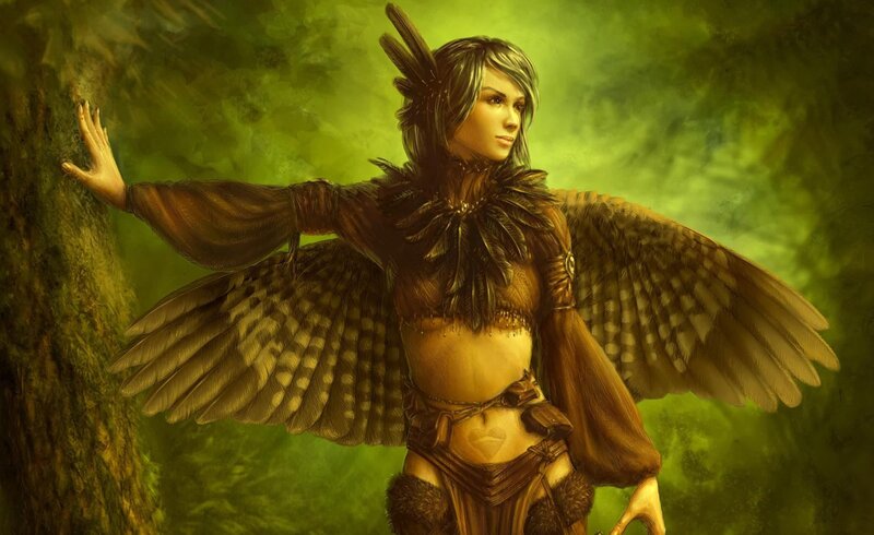 Woman with Bird Wings — Green, Dramatic, Digital Art, Tree