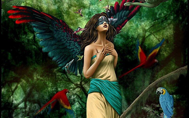 Woman with Bird Wings — Green, Dramatic