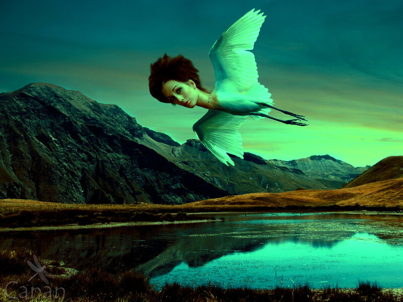 Woman with Bird Wings — Green, Dreamlike