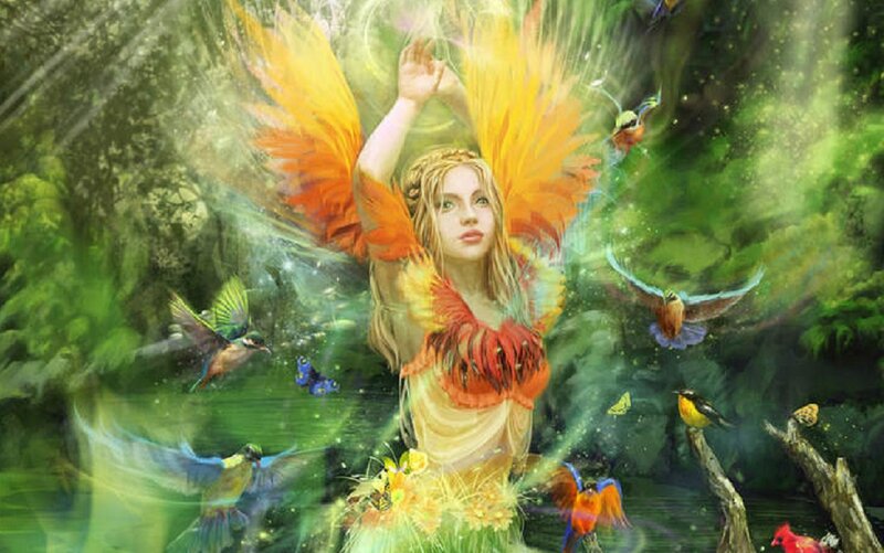 Woman with Bird Wings — Green, Magical