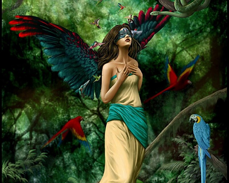 Woman with Bird Wings — Green, Mystical