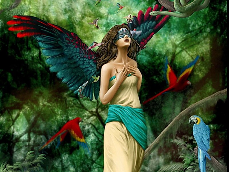 woman with bird wings in jungle