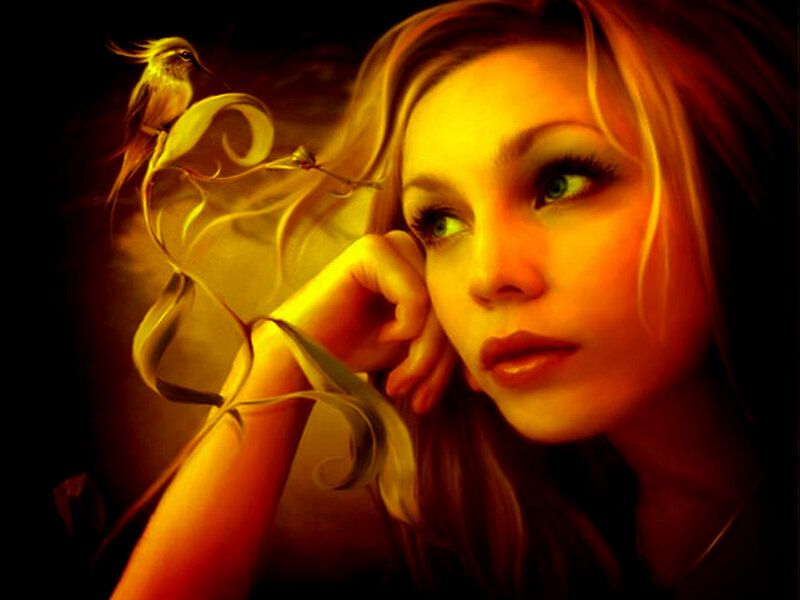 Woman with Bird — Yellow, Dramatic
