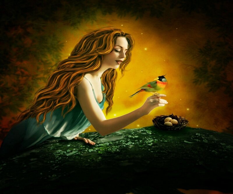 Woman with Bird — Yellow, Serene, Night