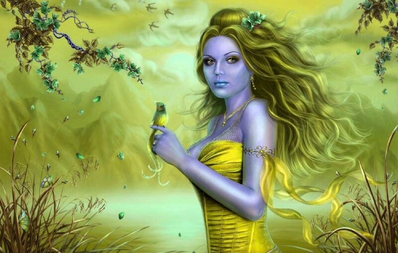 Woman with Bird — Yellow, Serene
