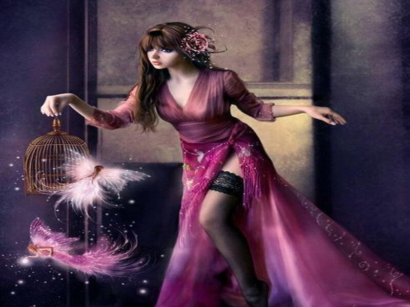 woman with birdcage and fairies