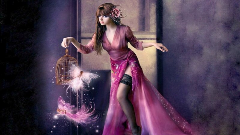Woman with birdcage and fairies