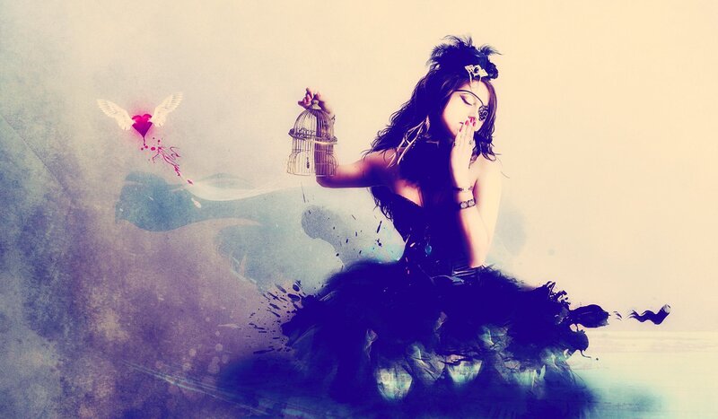 woman with birdcage and heart