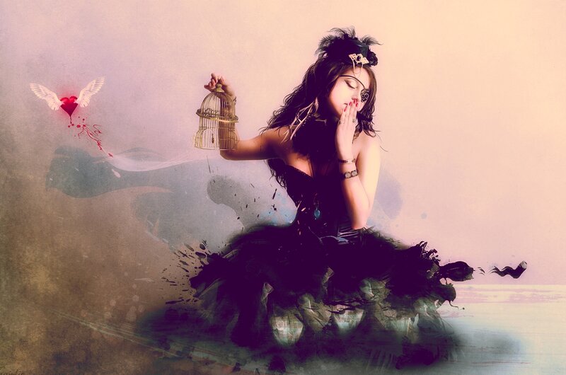 Woman with Birdcage — Black, Dramatic