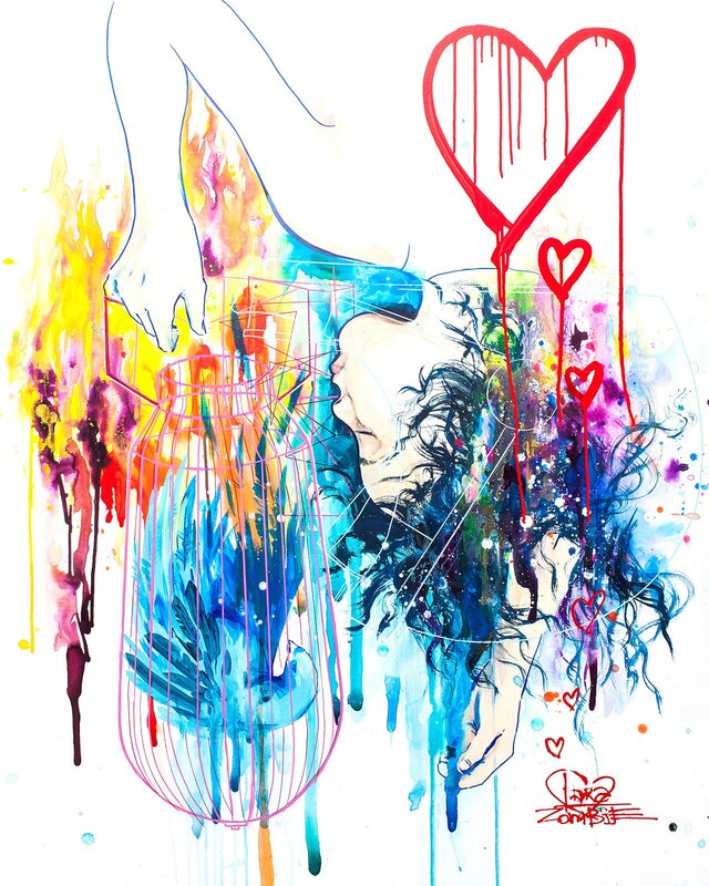 Woman with Birdcage — Blue, Dramatic, Digital Art