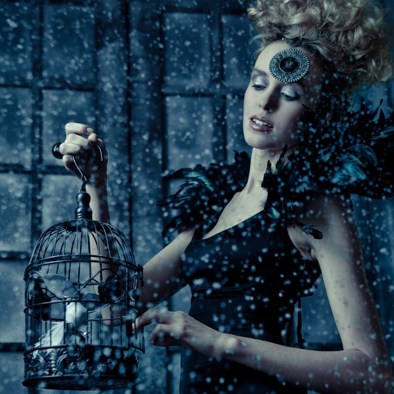 Woman with Birdcage — Blue, Dramatic