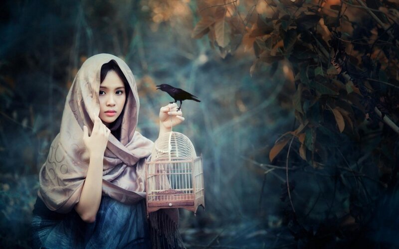 Woman with Birdcage — Brown, Dramatic, Autumn