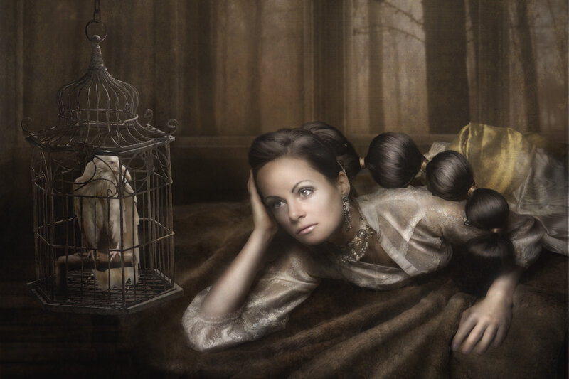 Woman with Birdcage — Brown, Dramatic, Photograph