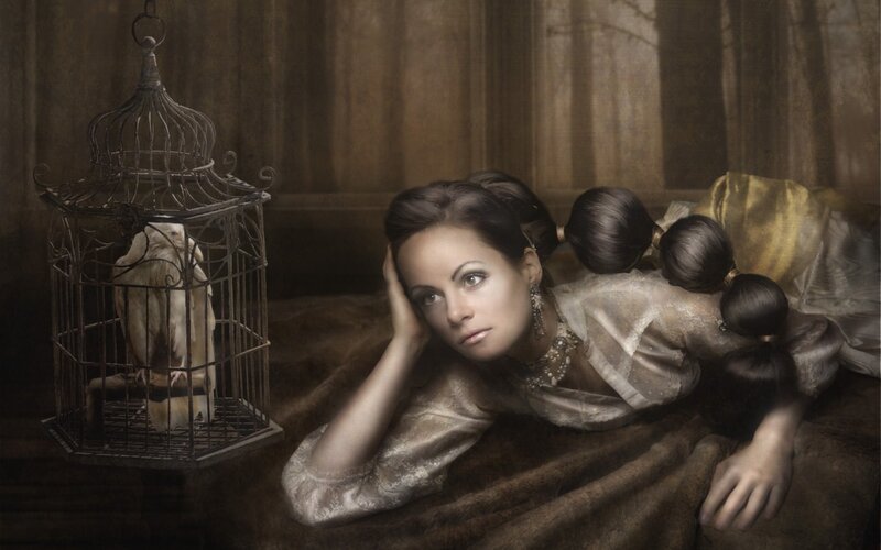 Woman with Birdcage — Brown, Melancholic