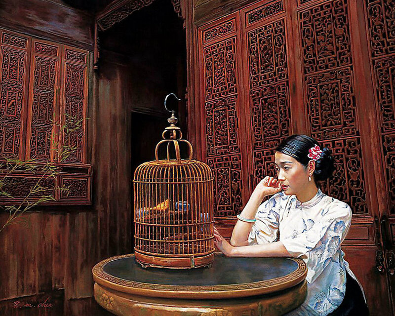 Woman with Birdcage — Brown, Serene